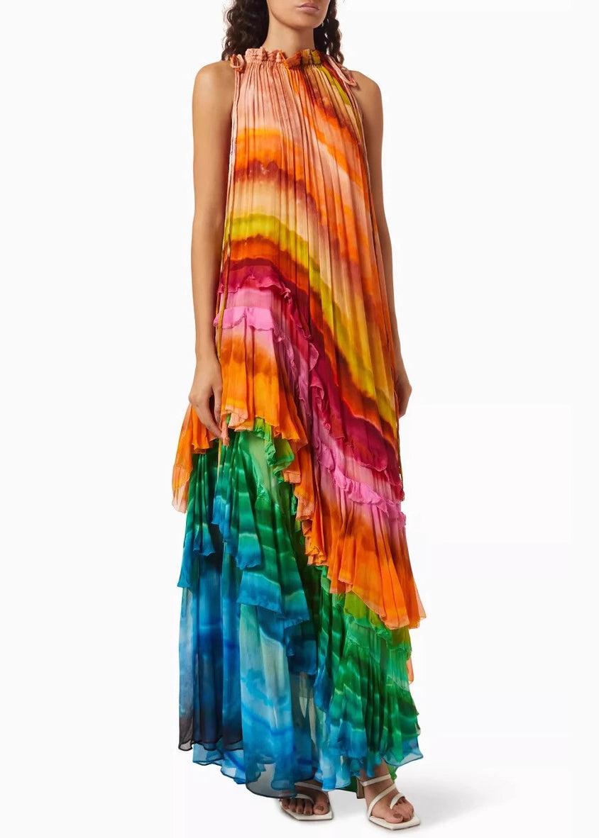 Halter Neck Pleated Diagonal Tiered Gradient Striped Maxi Dress