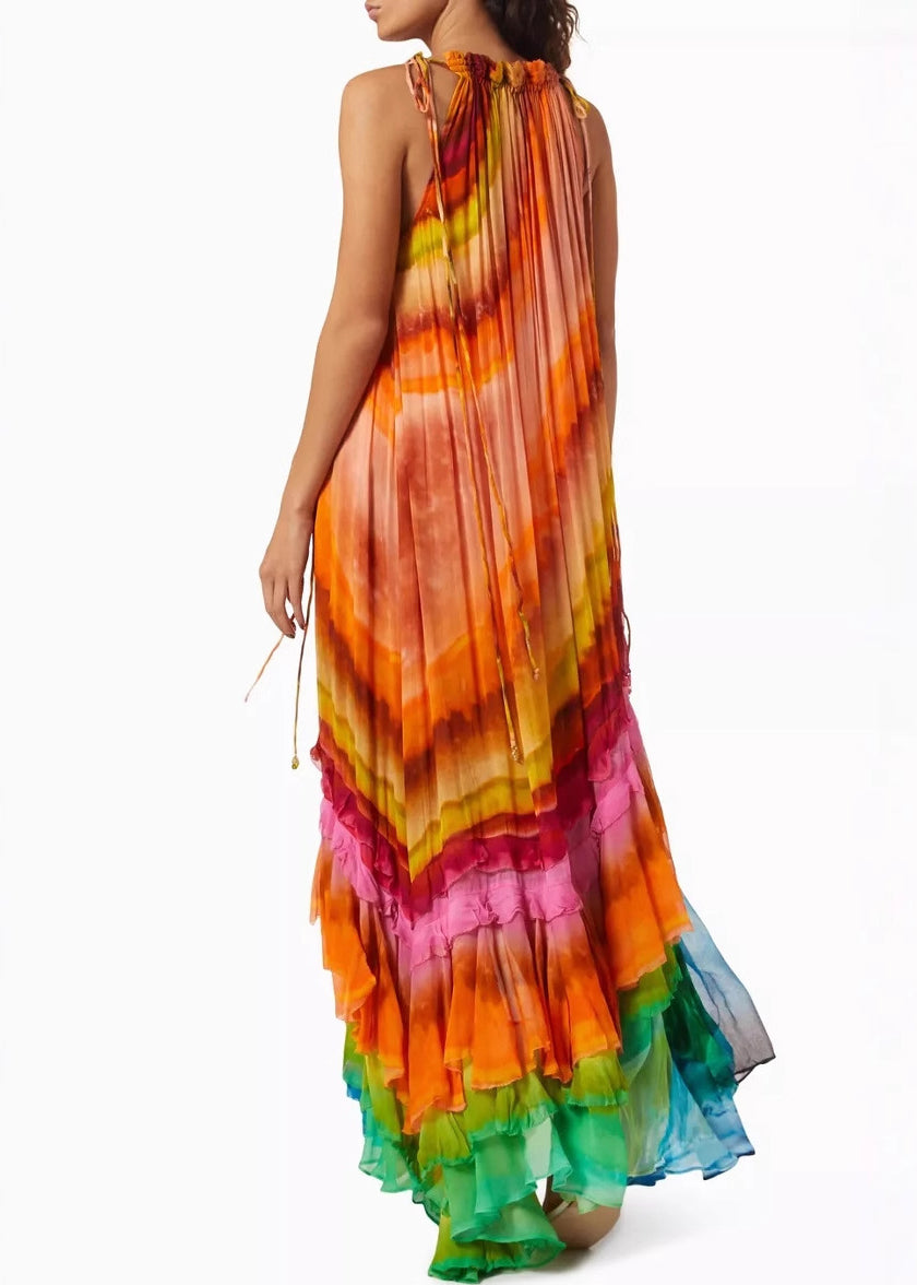 Halter Neck Pleated Diagonal Tiered Gradient Striped Maxi Dress