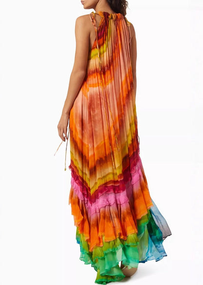 Halter Neck Pleated Diagonal Tiered Gradient Striped Maxi Dress
