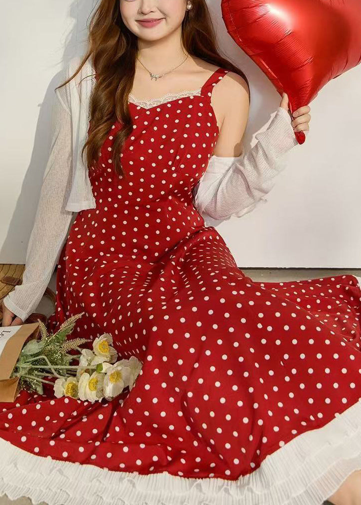 Lace Trim Polka Dot Spaghetti Strap Tiered Ruffle Midi Dress