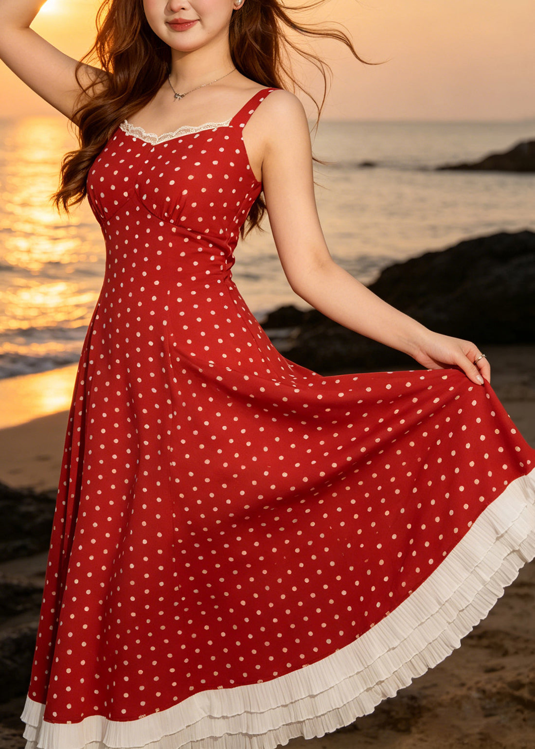 Lace Trim Polka Dot Spaghetti Strap Tiered Ruffle Midi Dress
