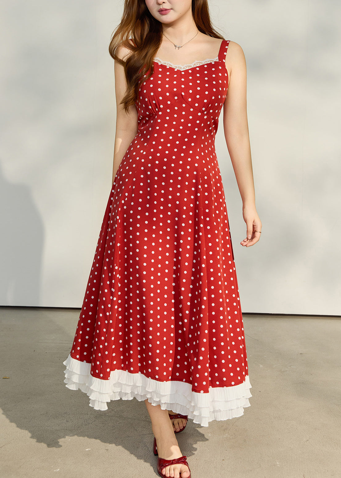 Lace Trim Polka Dot Spaghetti Strap Tiered Ruffle Midi Dress