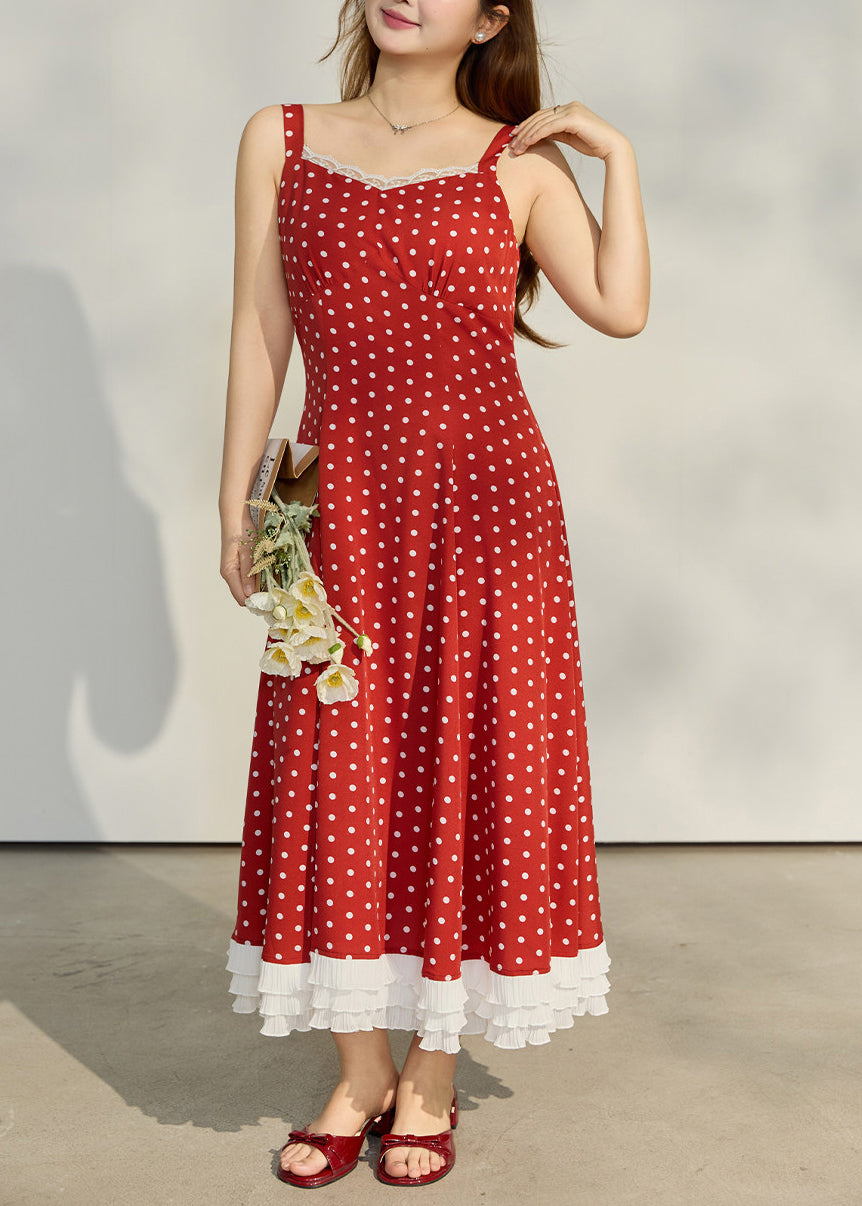 Lace Trim Polka Dot Spaghetti Strap Tiered Ruffle Midi Dress
