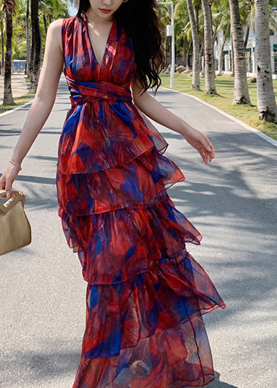 Deep V Neck Wrap Waist Tiered Ruffle Abstract Watercolor Print Maxi Dress