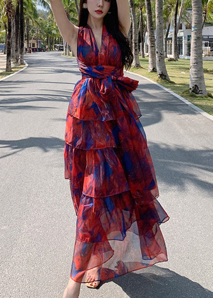 Deep V Neck Wrap Waist Tiered Ruffle Abstract Watercolor Print Maxi Dress