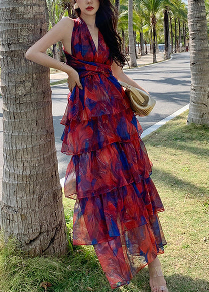 Deep V Neck Wrap Waist Tiered Ruffle Abstract Watercolor Print Maxi Dress
