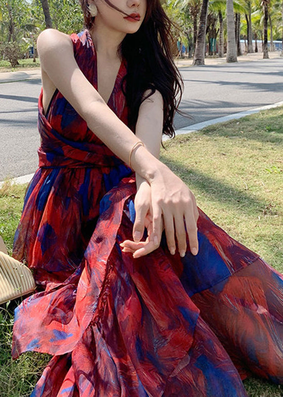 Deep V Neck Wrap Waist Tiered Ruffle Abstract Watercolor Print Maxi Dress