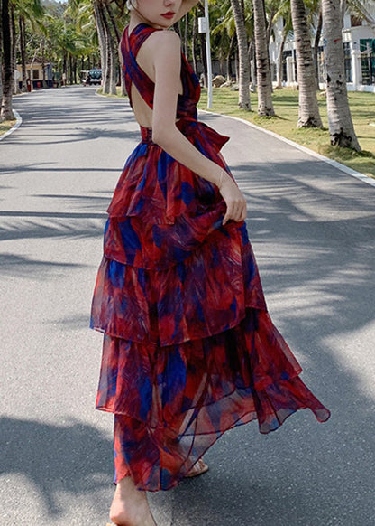 Deep V Neck Wrap Waist Tiered Ruffle Abstract Watercolor Print Maxi Dress