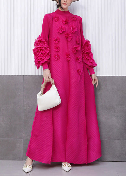 Mock Neck Pleated Ruffle Sleeve Floral Applique Maxi Dress