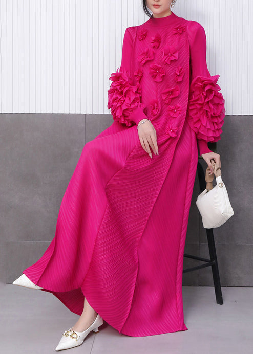 Mock Neck Pleated Ruffle Sleeve Floral Applique Maxi Dress