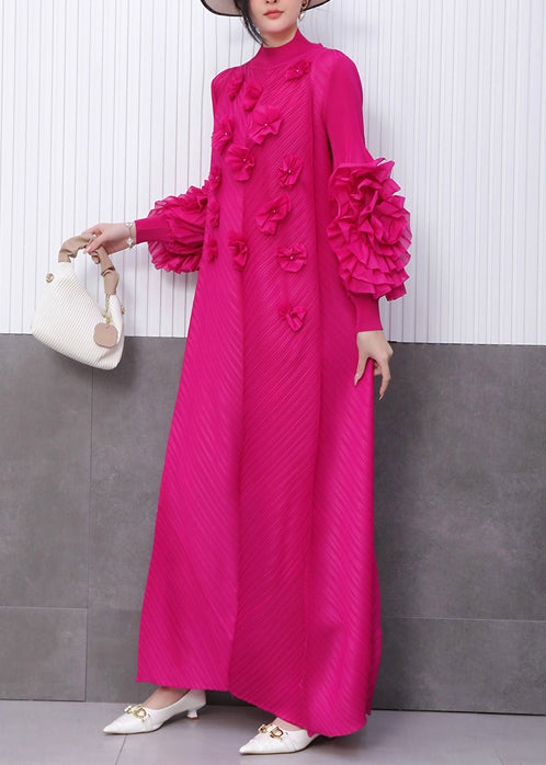 Mock Neck Pleated Ruffle Sleeve Floral Applique Maxi Dress