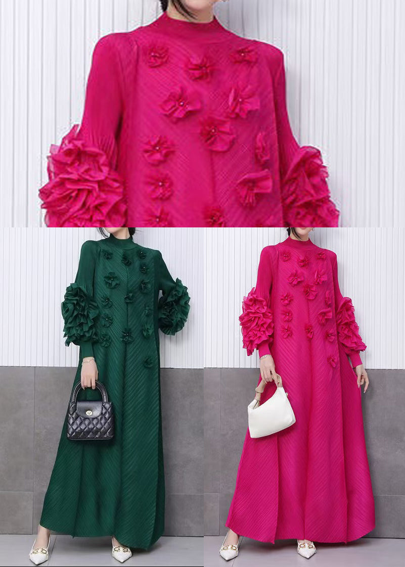 Mock Neck Pleated Ruffle Sleeve Floral Applique Maxi Dress