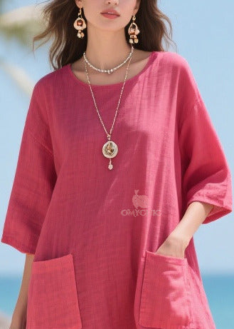 Crew Neck Patch Pocket Sheer Tulle Ruffle Hem Linen Blend Midi Dress