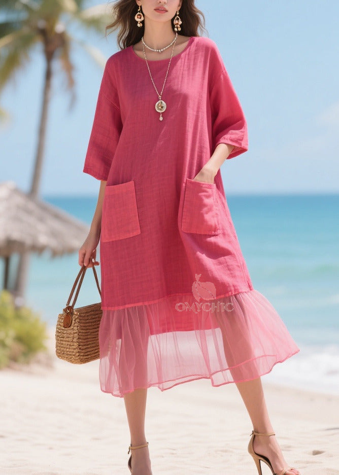 Crew Neck Patch Pocket Sheer Tulle Ruffle Hem Linen Blend Midi Dress
