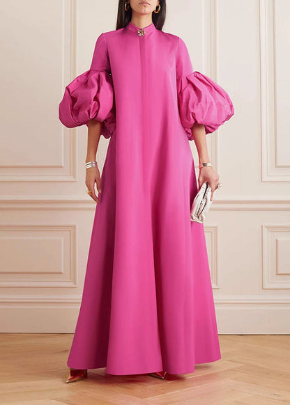 Mock Neck Crystal Button Puff Sleeve Front Placket Floor-Length Gown