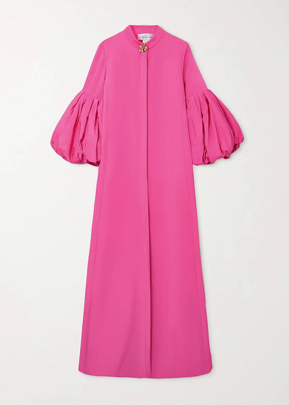 Mock Neck Crystal Button Puff Sleeve Front Placket Floor-Length Gown