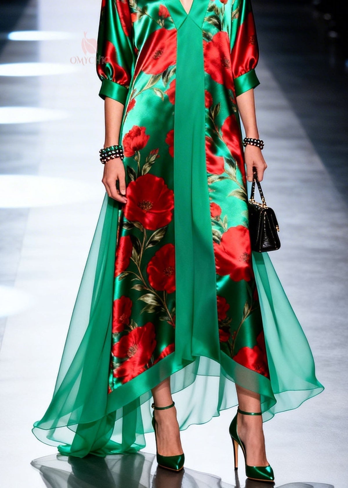 Deep V-Neck Poppy Print Center Panel Handkerchief Hem Chiffon Maxi Dress
