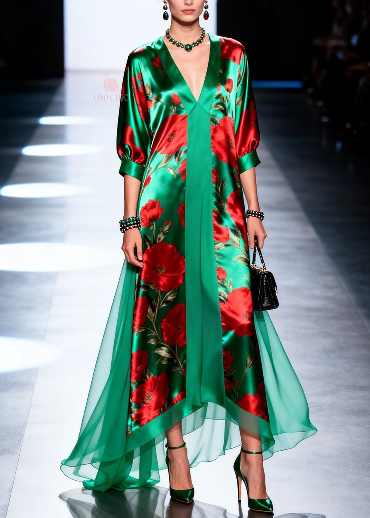 Deep V-Neck Poppy Print Center Panel Handkerchief Hem Chiffon Maxi Dress