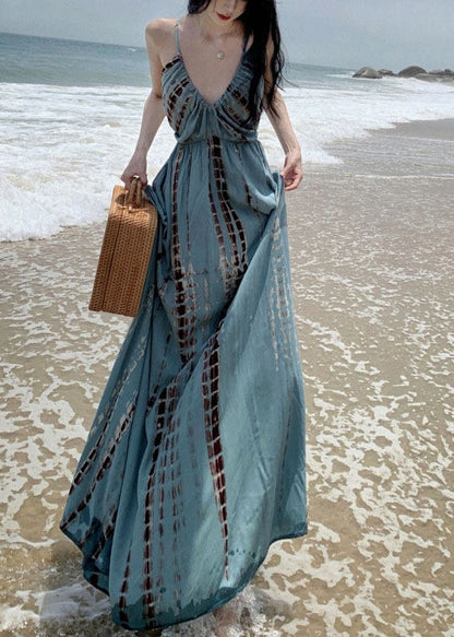 Spaghetti Strap Deep V Empire Waist Vertical Shibori Print Maxi Dress