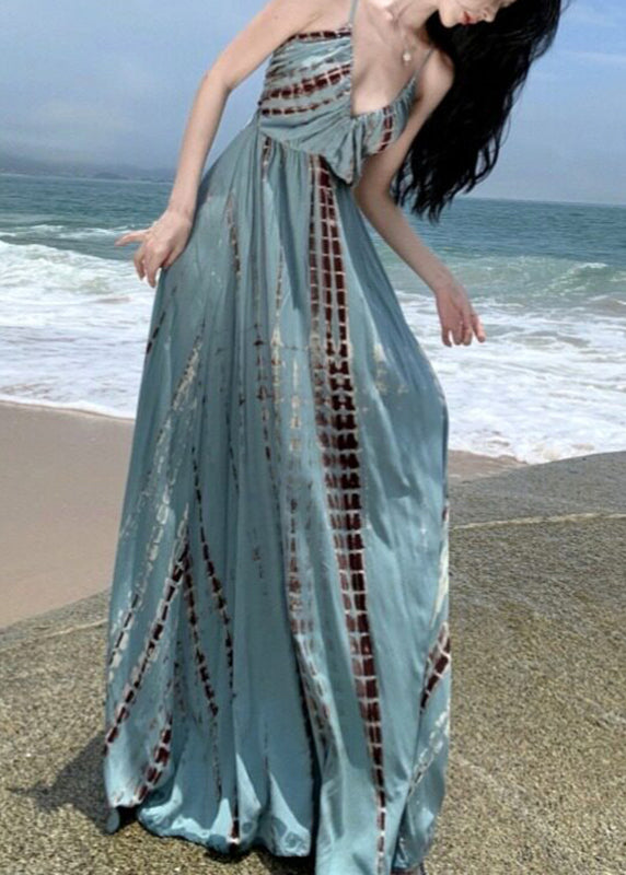 Spaghetti Strap Deep V Empire Waist Vertical Shibori Print Maxi Dress