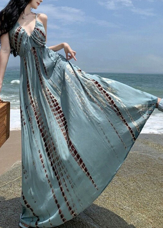 Spaghetti Strap Deep V Empire Waist Vertical Shibori Print Maxi Dress