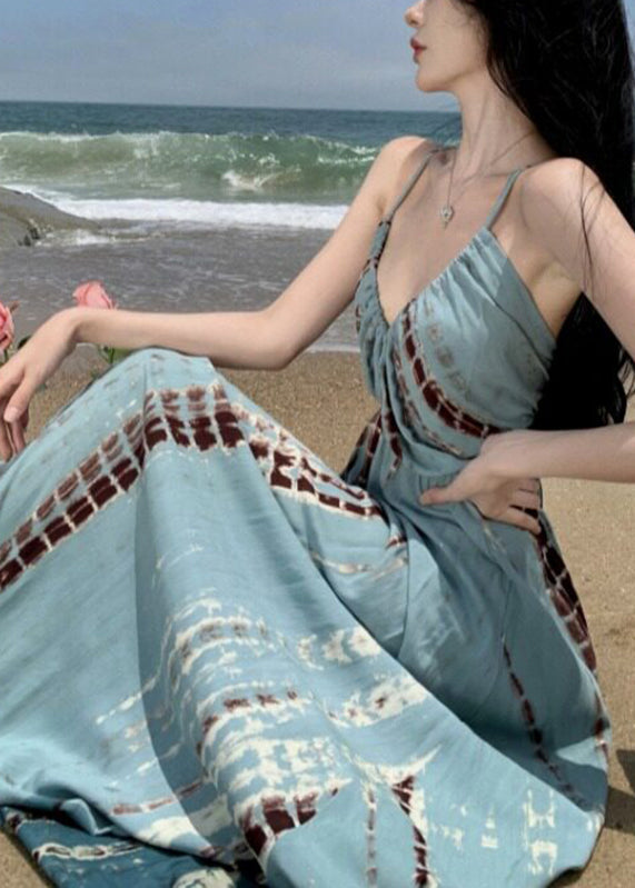 Spaghetti Strap Deep V Empire Waist Vertical Shibori Print Maxi Dress