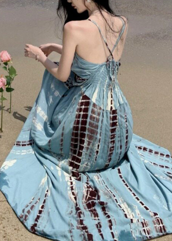 Spaghetti Strap Deep V Empire Waist Vertical Shibori Print Maxi Dress