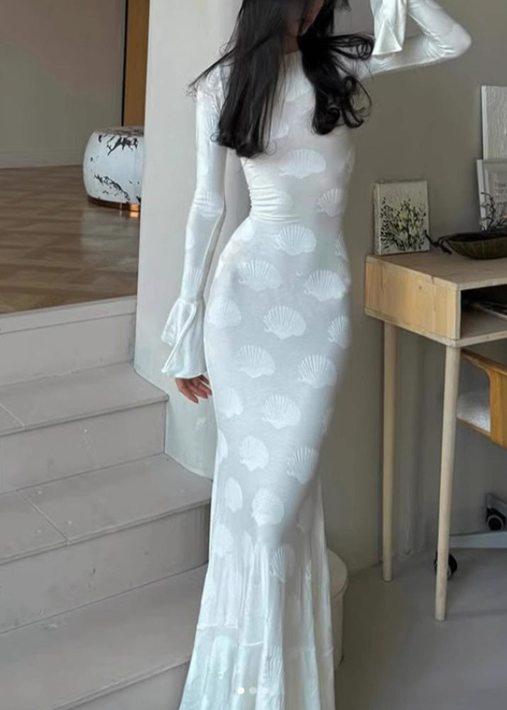 Crew Neck Seashell Print Bell Cuff Long Sleeve Maxi Dress
