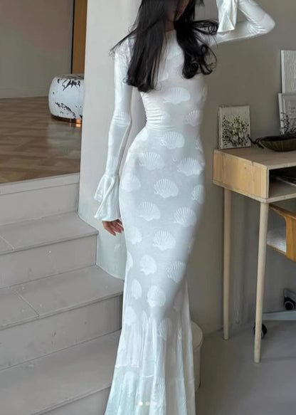 Crew Neck Seashell Print Bell Cuff Long Sleeve Maxi Dress