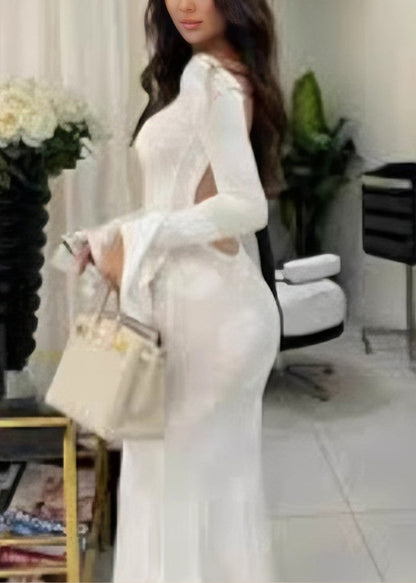 Crew Neck Seashell Print Bell Cuff Long Sleeve Maxi Dress