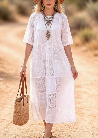 Round Neck Short Sleeve Patchwork Lace Eyelet Panel Maxi Dress