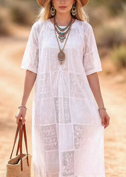 Round Neck Short Sleeve Patchwork Lace Eyelet Panel Maxi Dress