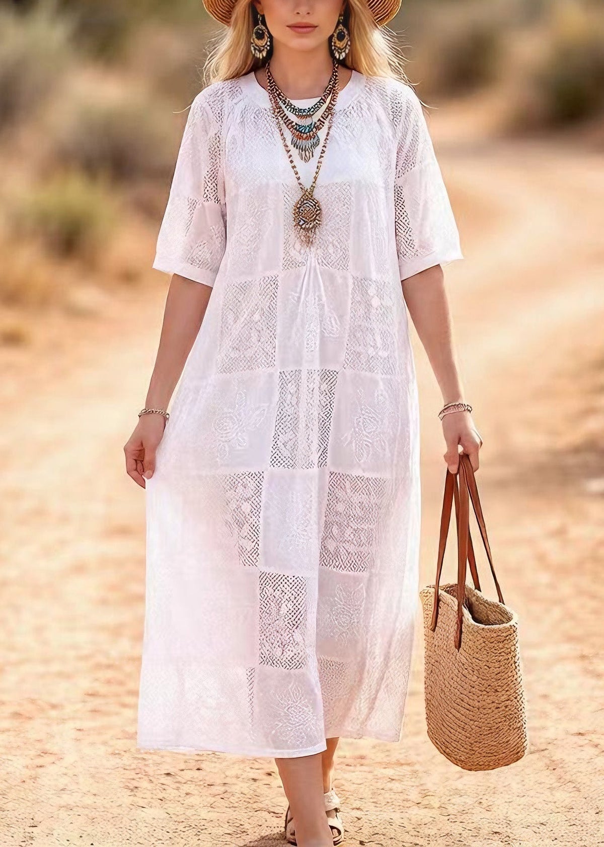 Round Neck Short Sleeve Patchwork Lace Eyelet Panel Maxi Dress