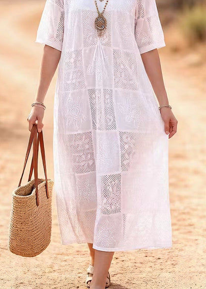 Round Neck Short Sleeve Patchwork Lace Eyelet Panel Maxi Dress