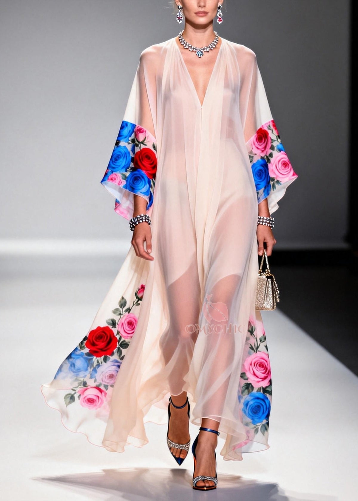 Deep V-Neck Print Border Wide Sheer Bell Sleeve Floor-Length Gown
