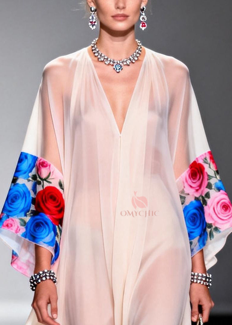 Deep V-Neck Print Border Wide Sheer Bell Sleeve Floor-Length Gown