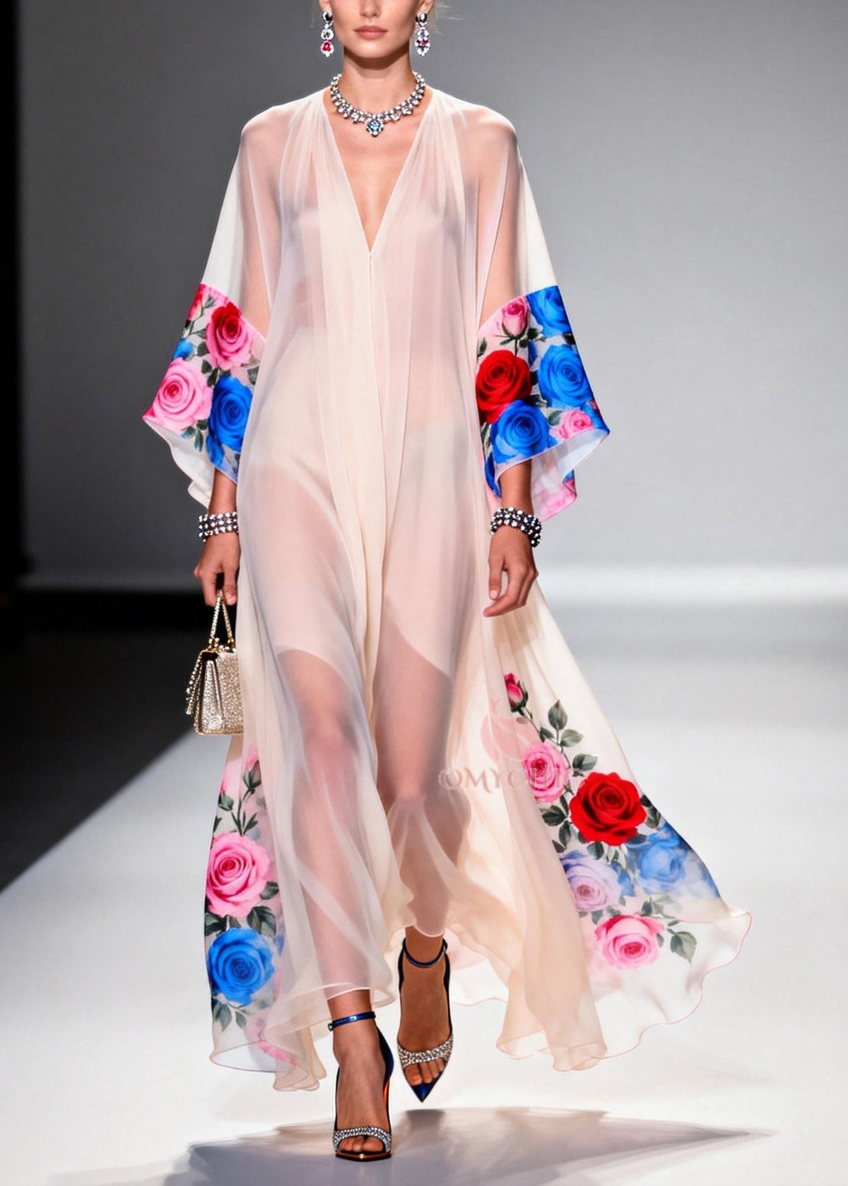 Deep V-Neck Print Border Wide Sheer Bell Sleeve Floor-Length Gown