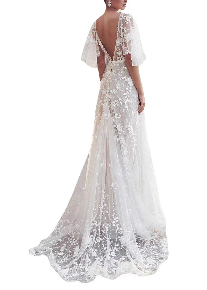 Deep V-Neck Lace Overlay Flutter Sleeve Floral Embroidery A-Line Maxi Gown