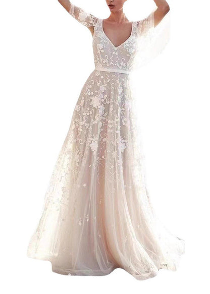 Deep V-Neck Lace Overlay Flutter Sleeve Floral Embroidery A-Line Maxi Gown