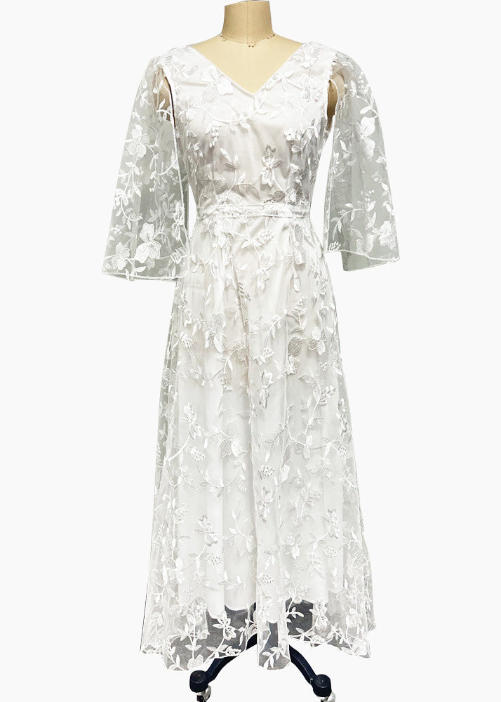 Deep V-Neck Lace Overlay Flutter Sleeve Floral Embroidery A-Line Maxi Gown