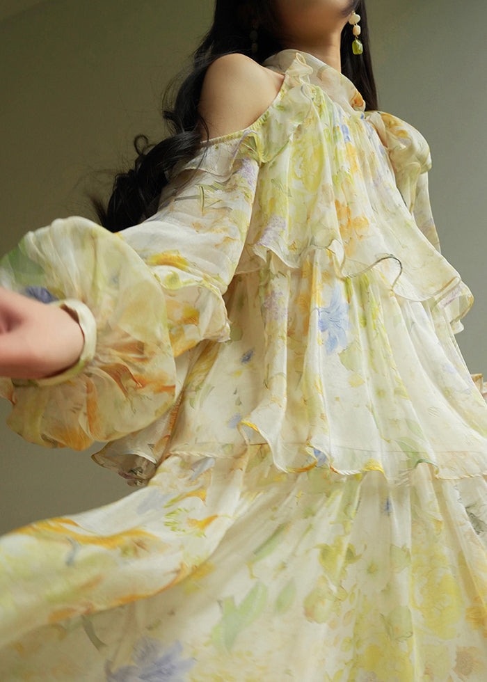 Mock Neck Cold Shoulder Tiered Ruffle Lantern Sleeve Maxi Dress