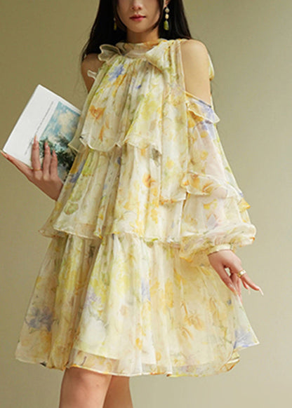 Mock Neck Cold Shoulder Tiered Ruffle Lantern Sleeve Maxi Dress