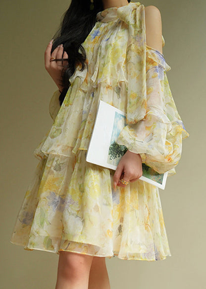 Mock Neck Cold Shoulder Tiered Ruffle Lantern Sleeve Maxi Dress
