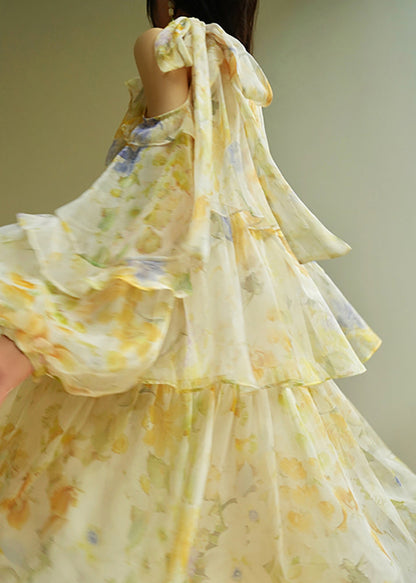 Mock Neck Cold Shoulder Tiered Ruffle Lantern Sleeve Maxi Dress