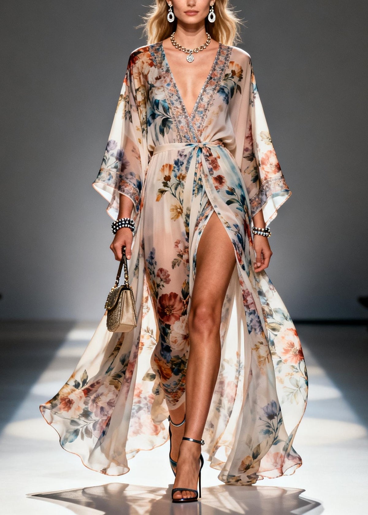 Deep V-Neck Kimono Sleeve Floral Wrap High-Slit Sheer Maxi Gown