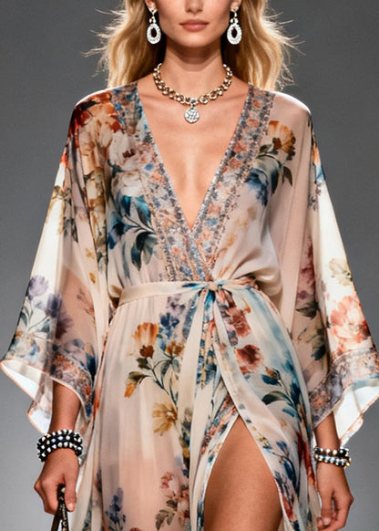 Deep V-Neck Kimono Sleeve Floral Wrap High-Slit Sheer Maxi Gown