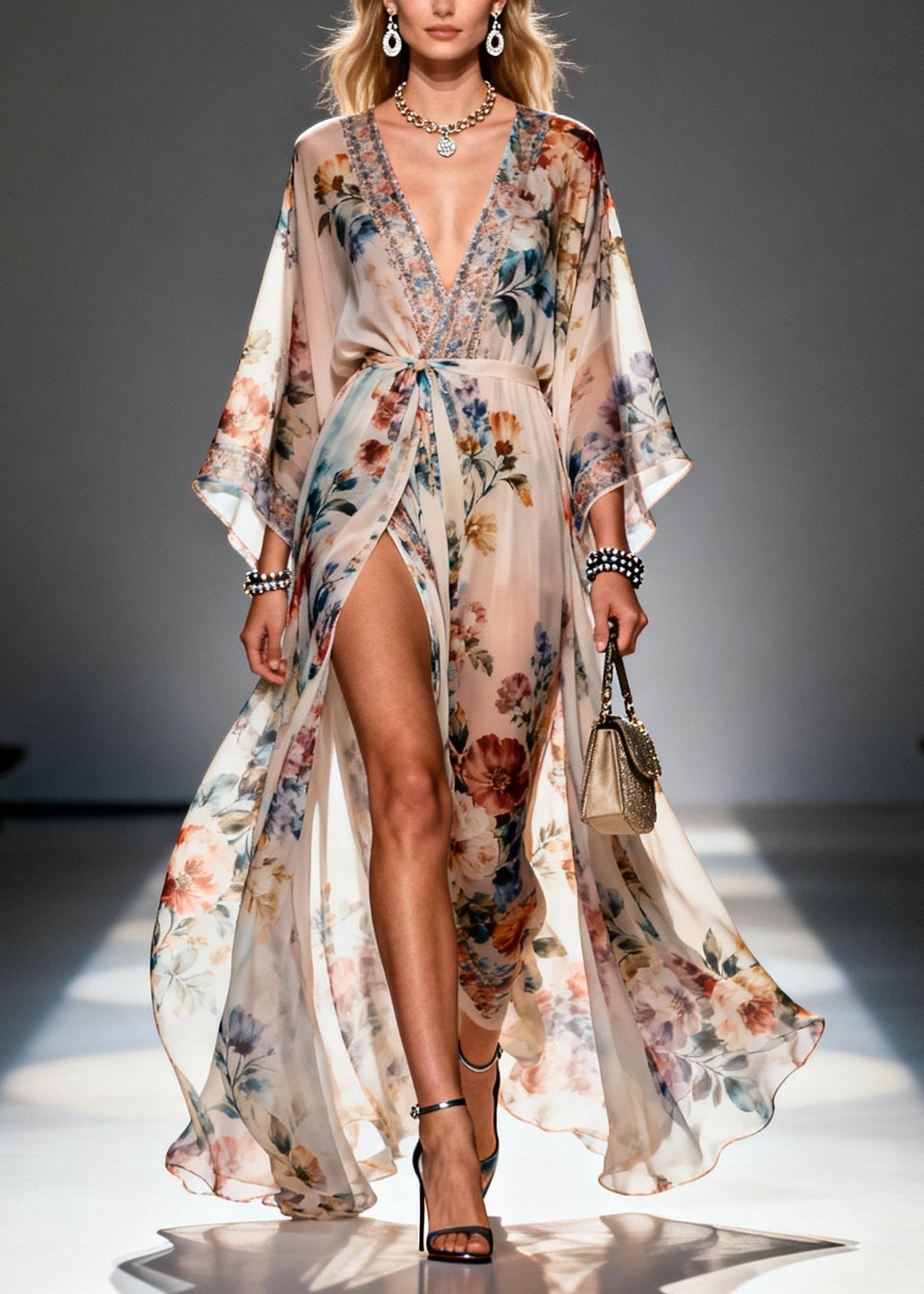 Deep V-Neck Kimono Sleeve Floral Wrap High-Slit Sheer Maxi Gown