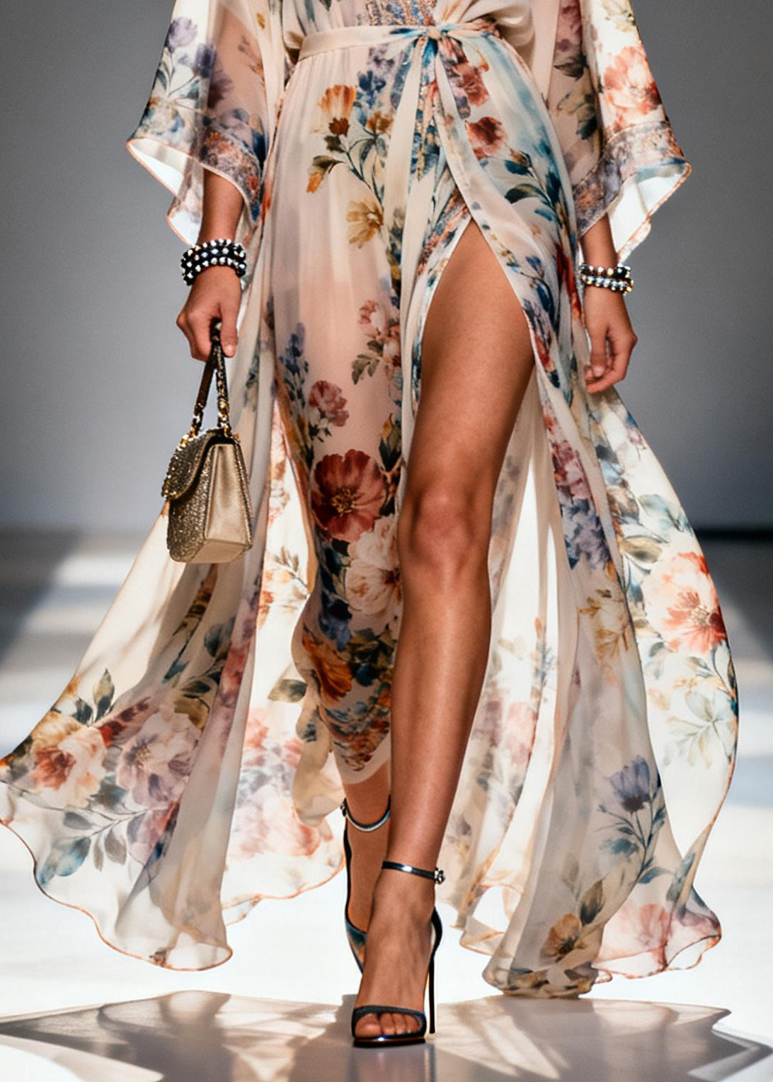 Deep V-Neck Kimono Sleeve Floral Wrap High-Slit Sheer Maxi Gown