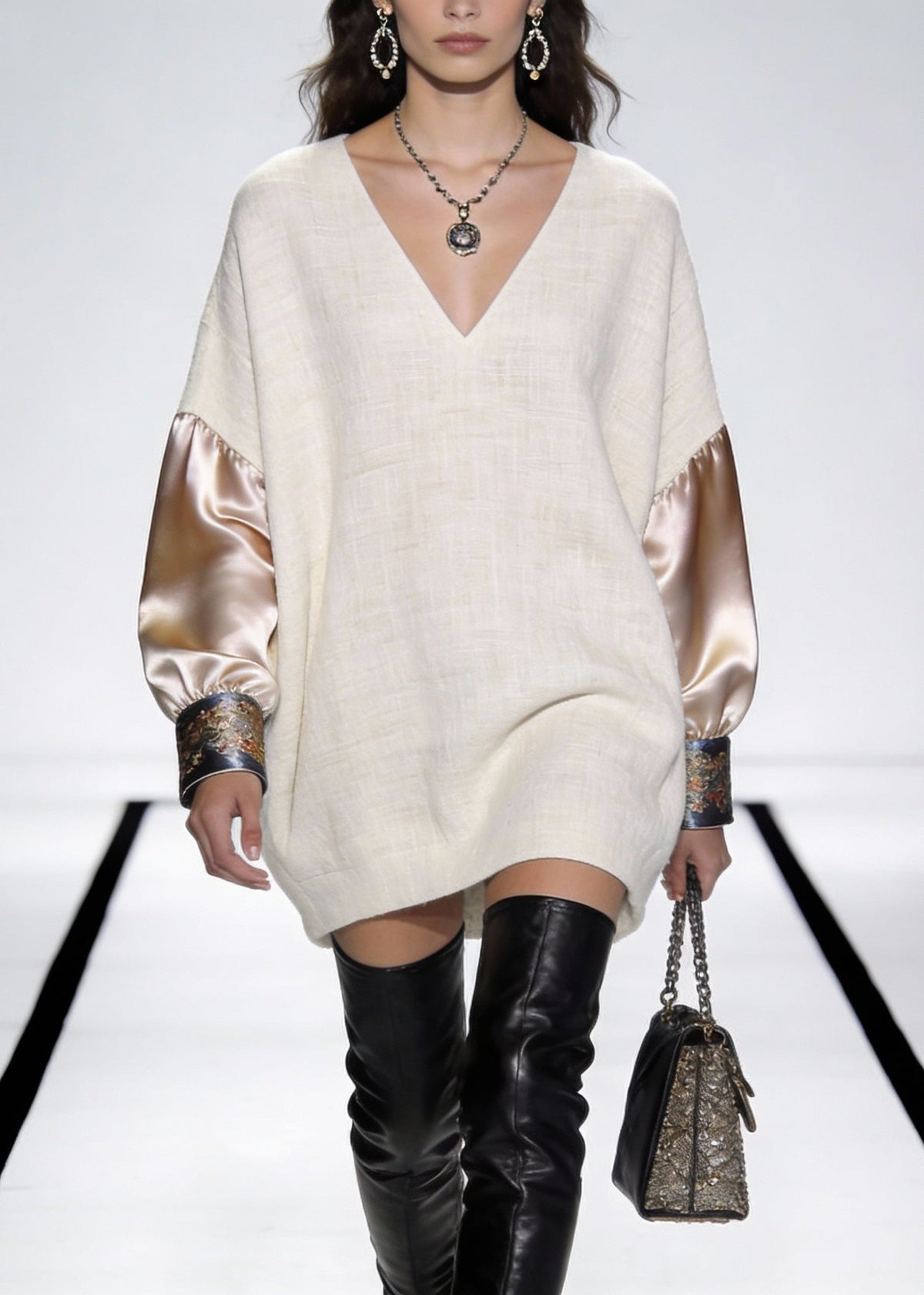 Deep V-Neck Oversized Contrast Satin Panel Embroidered Cuff Mini Dress