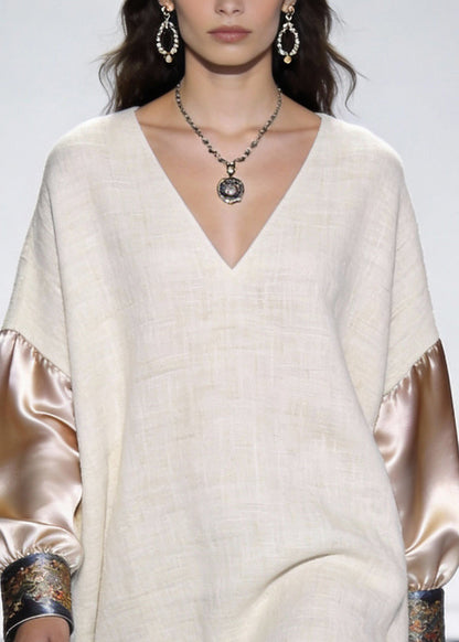 Deep V-Neck Oversized Contrast Satin Panel Embroidered Cuff Mini Dress